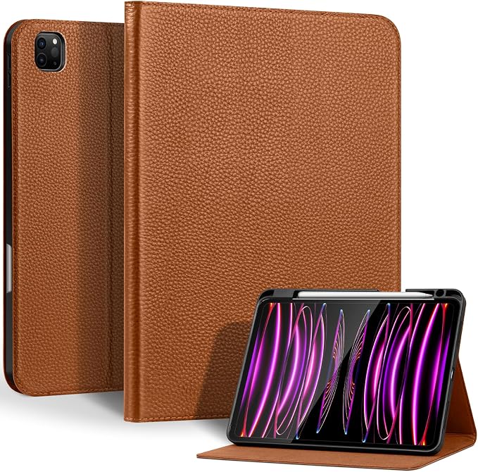 Genuine Leather Case for iPad 11th Gen 11/10th Gen 10.9 Black | Pencil Holder Adjustable Stand Auto Wake/Sleep Shockproof