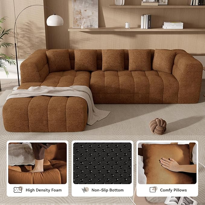 107" Boneless Couch with L - Shaped Chaise, Modern Chenille Modular Sectional Sofa with Tufted Design, Comfy Upholstered Sofa, No - Assembly Sectional Couch, Brown