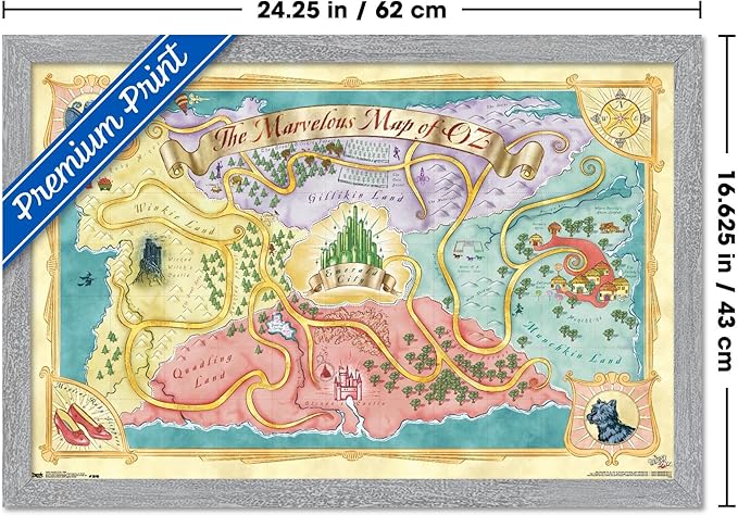 The Wizard Of Oz - Map Wall Poster, 22.4L" x 14.7W", Gray Framed Version