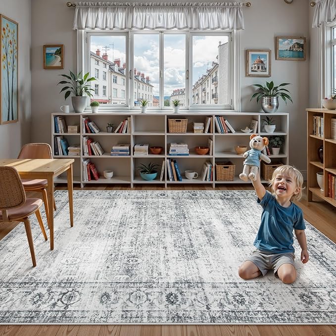 Lahome Vintage 6x9 Washable Grey Rugs for Living Room Bedroom, Soft Dining Room Rugs for Under Table, Non Slip Indoor Throw Carpet for Entryway Kitchen Office (6x9ft,Grey)