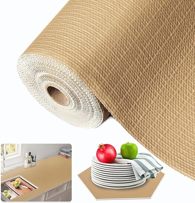 Beautysaid Shelf and Drawer Liner for Kitchen Cabinet, Non Adhesive Non Slip Shelf Paper Waterproof Washable Thickened for Dresser Pantry Shelve Bathroom Protector Liner(Beige,12 in x 10 FT)