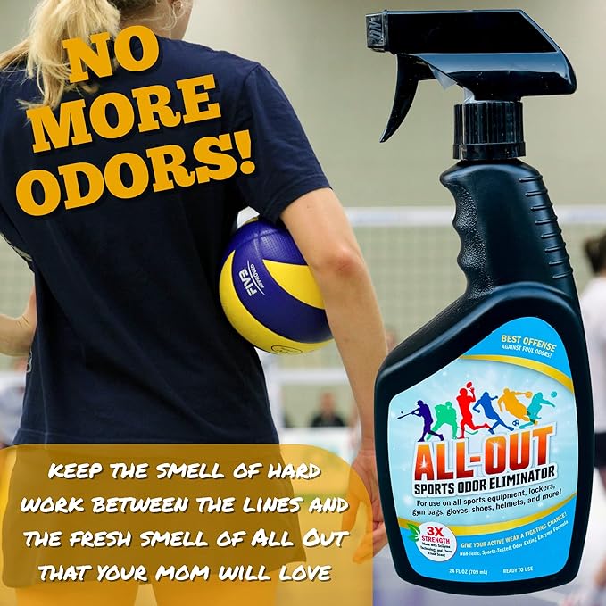 All-Out Sports Odor Eliminator Spray & Deodorizer | Perfect for Smelly Gloves, Hat, Bags, Helmets, Jerseys, Pads, Gear, Shoe & All Other Odors.| Best Formula | 24 oz Spray Bottle (AO503) | Fresh Scent