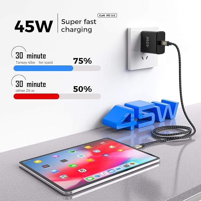 TANSEY 45W USB C Fast Charger with 6.6FT Braided Nylon Cable PD 3.0 Charger Block Compatible with iPhone 16/15 Series iPad AirPods Pro 2 &amp Samsung S24