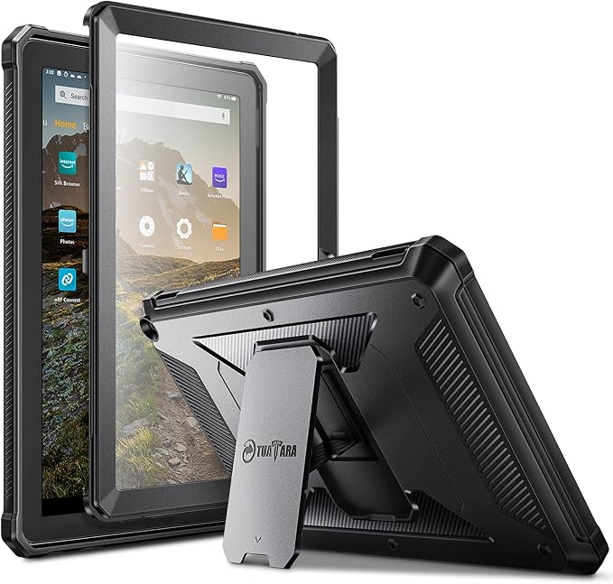 Fintie Shockproof Case for Fire HD 10 &amp 10 Plus 11th Gen 2021 Black | Tuatara Built-in Screen Protector &amp Kickstand Heavy Duty Rugged Full-Body Unibody Hybrid Cover Drops/Impacts/Dust Resis