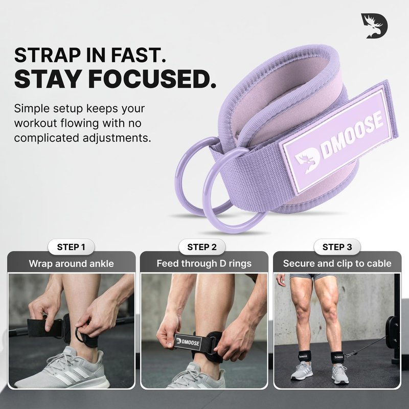 DMoose Fitness Ankle Straps for Cable Machines - One Size Fit Premium Padding, Glute Kickback Ankle Strap for Women & Men, Cable Attachments for Gym & Booty Workouts (Lilac Purple - Single)