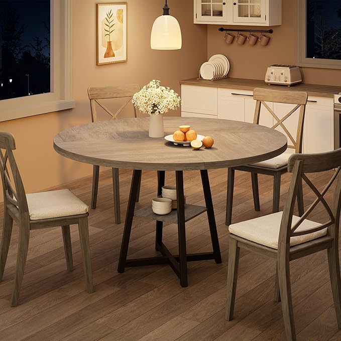GAOMON Industrial Round Dining Table, 47 Inch Round Kitchen Table for 4, Dinner Table with Wooden Top and Metal Base for Dining Room, Living Room (Grey, 47.2 in w/Storage)