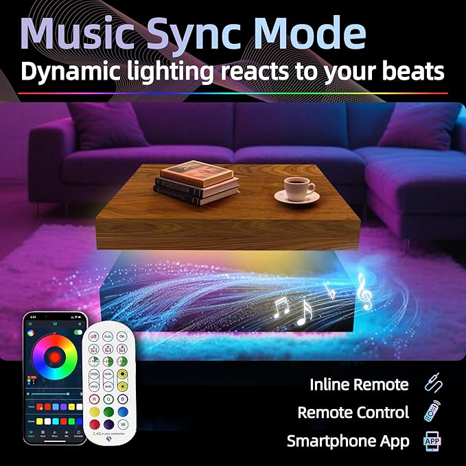 LED Coffee Table for Living Room, 2-Tier Modern Square Center Table with Music Sync Lights, High Gloss Surface, 30 3/4" x 30 3/4" (Rustic Brown+Black)