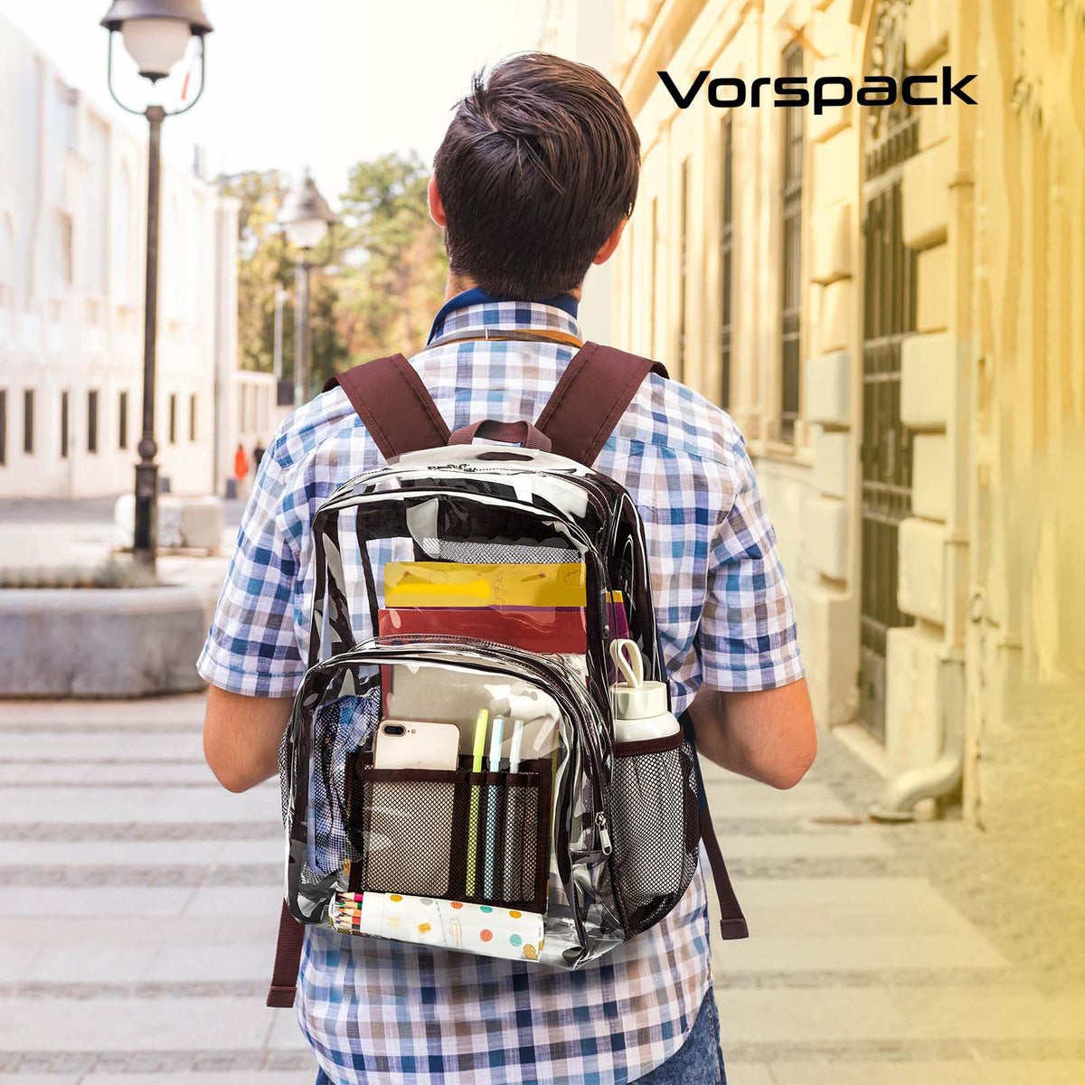 Vorspack Clear Backpack Heavy Duty PVC Transparent Backpack with Reinforced Strap Stitches & Large Capacity for College Workplace Security - Coffee