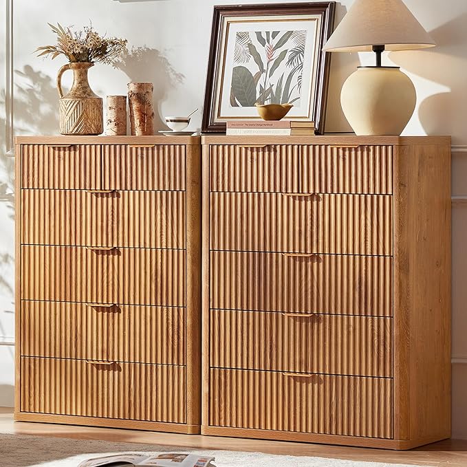 LEYAOYAO Fluted 6 Drawers Dresser for Bedroom Set of 2, 42" Tall Modern Chest of Drawers with Metal Handle, Curved Profile Design,Brown Wood Drawer Organizer for Bedroom, Living Room, Hallway
