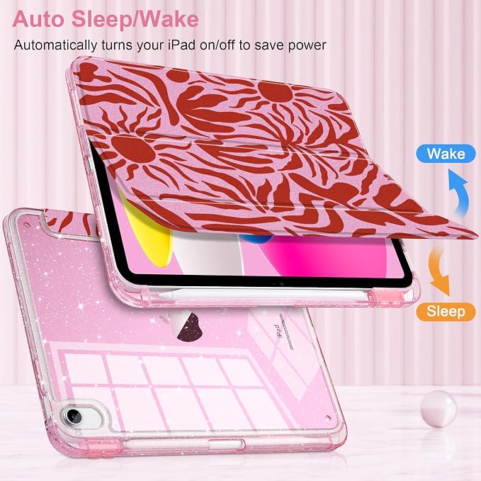 MEEgoodo Case for iPad A16 11th Generation 2025/10th Generation 2022 Glitter Tablet Cases with Transparent Acrylic Back+Trifold Stand +Pencil Holder+Auto Wake/SleepAbstract Sun &amp Palm Tree