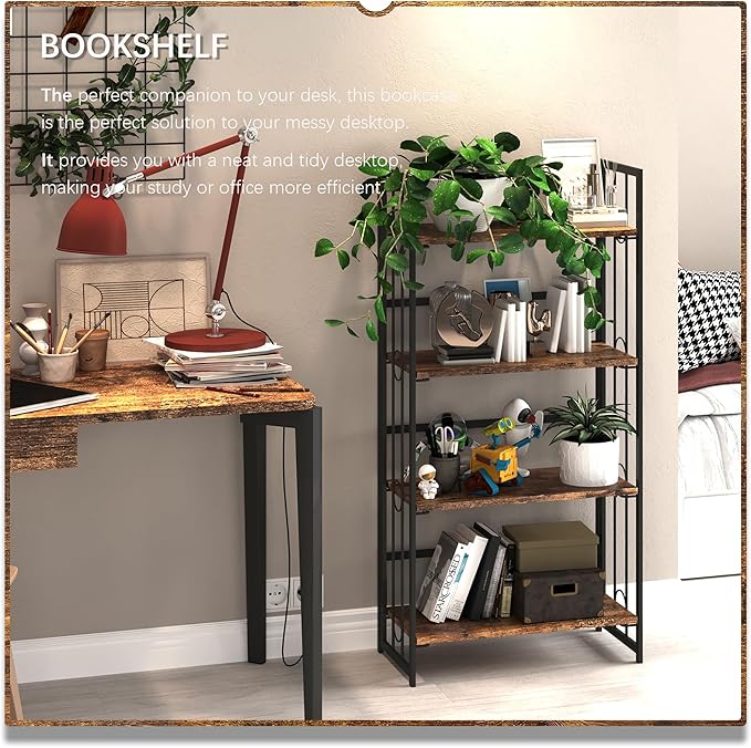 4NM No Assembly 4 Tiers Folding Bookshelf, 47.2" H Foldable Storage Shelves Vintage Bookcase Standing Racks Study Organizer Home Office - Rustic Brown Black