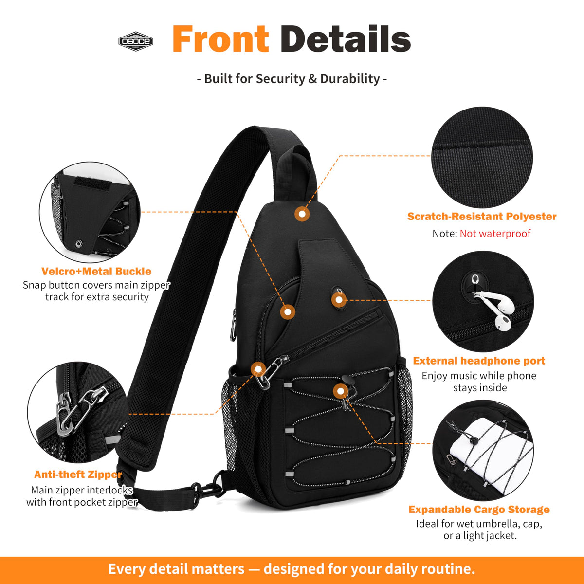 OSOCE Anti Theft Sling Bag RFID Blocking Crossbody Chest Bag for Men Women Water Resistant Travel Fits 9.7" iPad