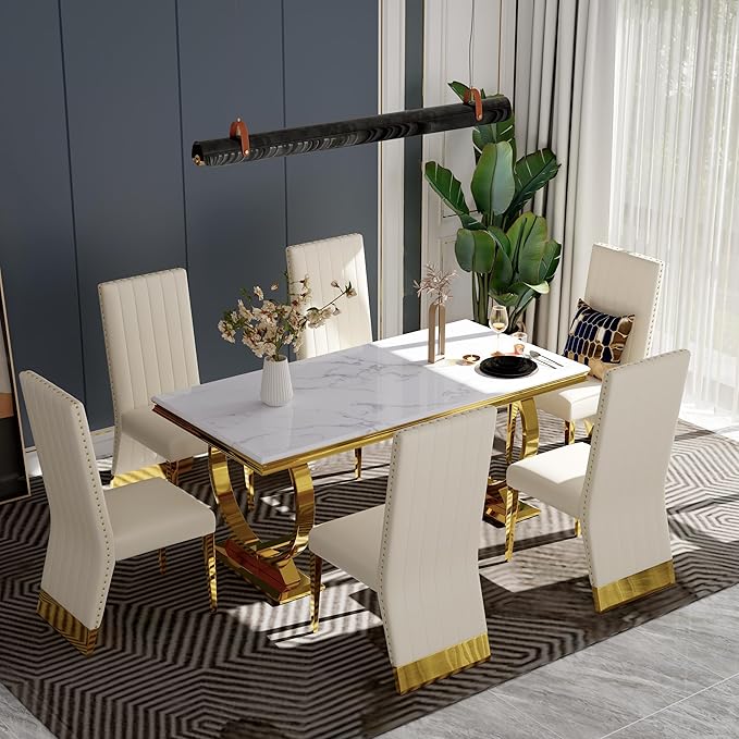 Dining Chairs, White Faux Leather Upholstered Dining Chair with Nailhead Trims, Gold Dining Room Chairs Set of 6