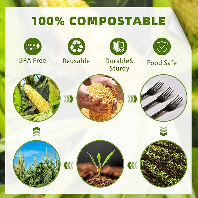 Compostable Forks, 300 Large No Plastic Forks(7 in), Black Disposable Cutlery Silverware Heavy Duty Eco Friendly Durable and Heat Resistant Alternative to Plastic Silverware