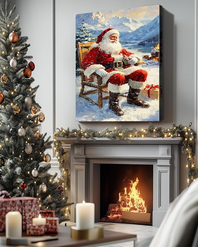 Vintage Santa Claus Christmas Canvas Wall Art - Festive Holiday Painting for Living Room,Bedroom & Bathroom, Cozy Winter Decor Framed Print, Perfect Christmas Gifts & Home Decoration