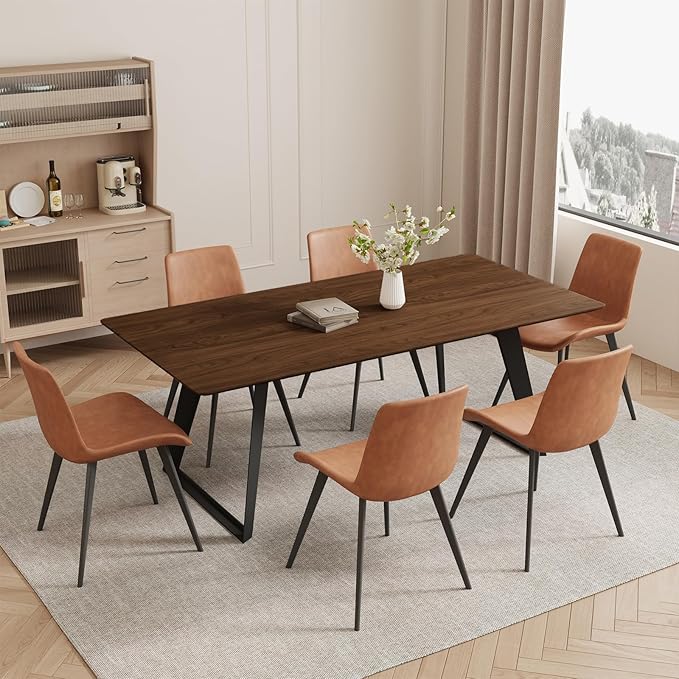 ZckyCine 63"-79" Extendable Dining Table Set for 6, Modern Walnut Color Table with 6 Brown Chairs, Retractable Wood Table and Chair Set for Kitchen and Dining Room