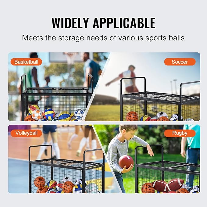 VEVOR Rolling Sports Ball Storage Cart, Lockable Basketball Cage with Double Lids, Sport Equipment Holder Organizer for Indoor Outdoor, Steel Storage Rack for Garages, Playgroup, Gym and Schools