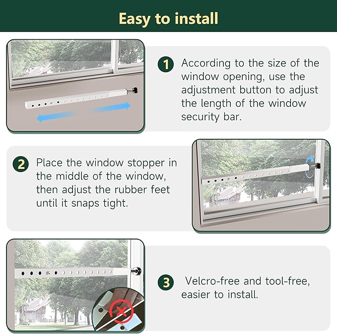 WooFog Adjustable Window Security Bars Vertical, Heavy Duty Sliding Patio Glass Door Lock Bar with Rubber Feet, 17-32 inch Window Safety Stopper for Up and Down Windows -White 1 PCS Patented