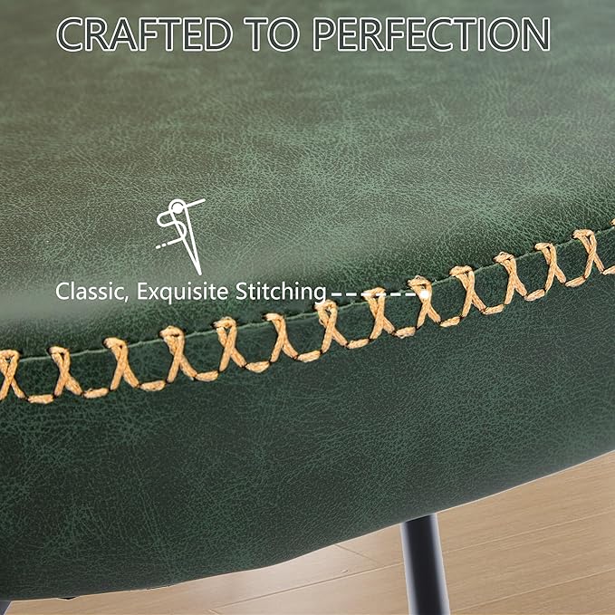 Rattan Dining Chairs Set of 4, Green Leather Upholstered Dining Chairs with Rattan Cane Back, Mid Century Modern Dining Room Chairs with Black Metal Legs & D-Shaped Thicken Cushion, Green