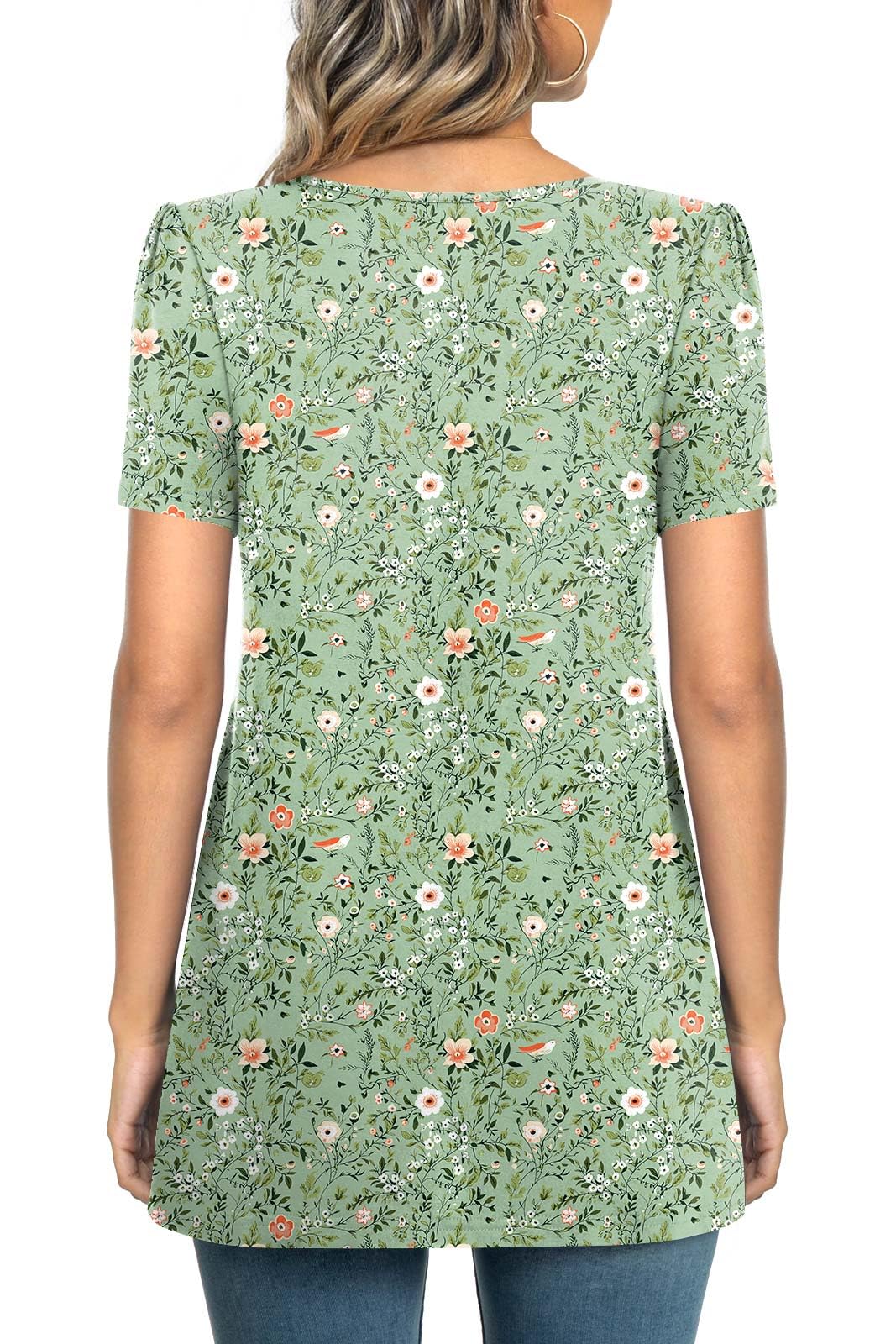 Anymeet Womens Summer Tops Short Sleeve Casual Blouses Beach Tee for Leggings Hide Belly Plus Size Green Flowers 2X-Large