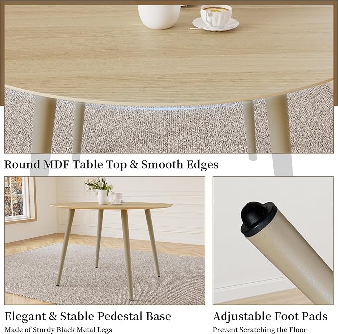 43.3 Inch Round Dining Table Set for 4, Modern Small Kitchen Coffee Set for Dining Room Kitchen Apartment (Cream Table+4 U-Shaped BlackChairs)