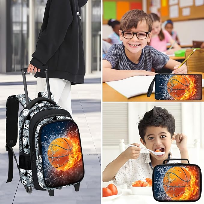 Basketball Rolling Backpack for Boys - 3PCS Boys Rolling Backpack with Lunch Box Set for Kids Children Teens Elementary Middle School,Sport Roller Bookbag with Wheels for Age 6-18