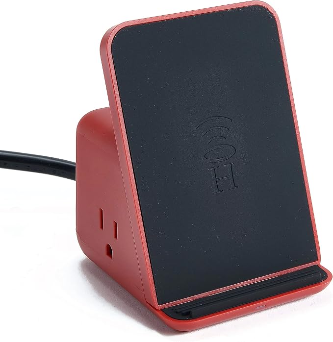Halo Wireless Charging Pad with 3 USB Ports &amp 2 AC Outlets Phone Charging Station for up to Five Devices Red