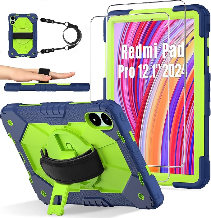 for Xiaomi Redmi Pad Pro 12.1/Xiaomi Poco Pad 12.1 Case with with Kickstand/Hand Strap/Rotating/Shoulder Strap (Black/Black)