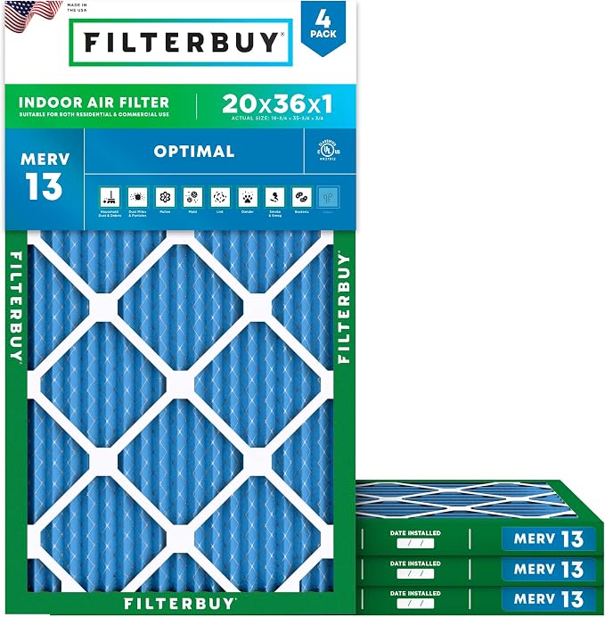 Filterbuy 20x36x1 Air Filter MERV 13 Optimal Smoke & Allergy Defense,