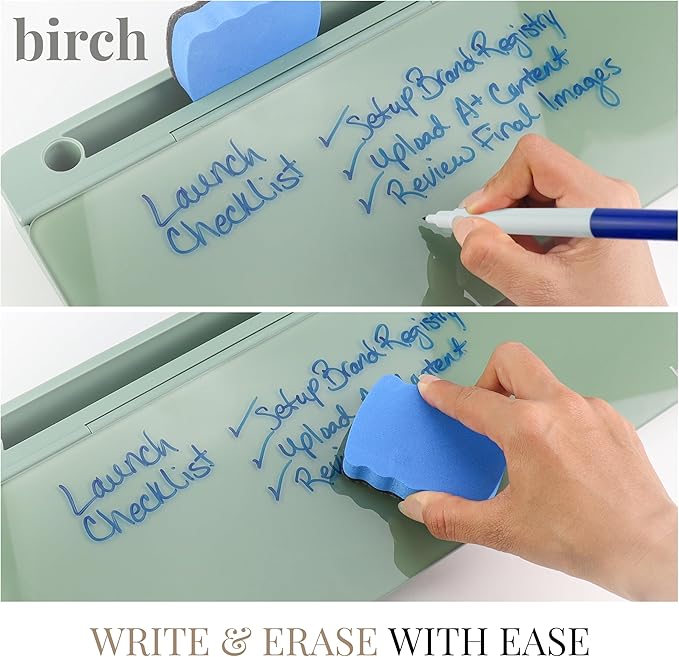 Birch Small Desktop Whiteboard – Glass Dry Erase Board Desk Pad Keyboard Stand with Storage Compartment 3 Markers & Marker Holder – Perfect for Office, Home, & School (Moss)