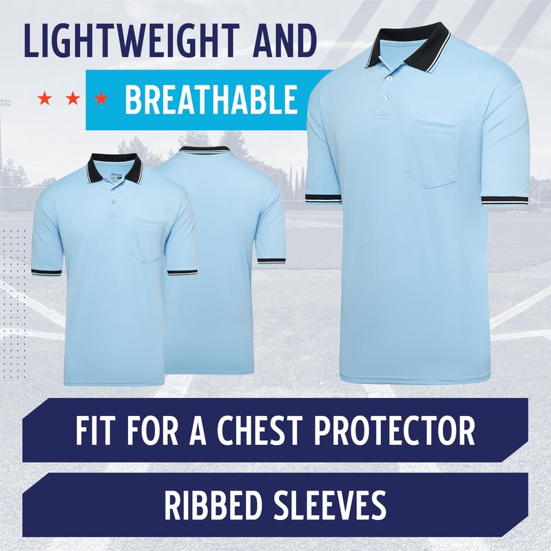 Murray Sporting Goods Short Sleeve Polo Baseball and Softball Umpire Shirt - Sized for Chest Protector (Light Blue, Medium)