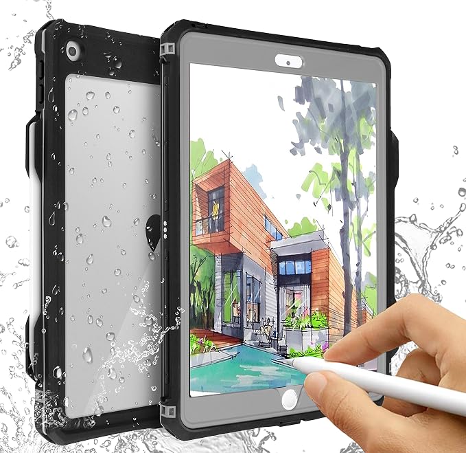 ipad 10.2 Waterproof Case 2021/2020/2019ACase iPad 7th/iPad 8th/iPad 9th Generation IP68 Waterproof ipad 10.2 Cover with Strap Stand Pencil Holde Built-in Screen Protector Rugged Shockproof Case