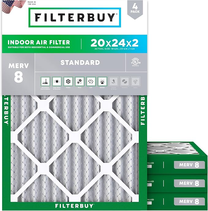 Filterbuy 20x24x2 Air Filter MERV 8 Essential Dust & Allergy Defense,
