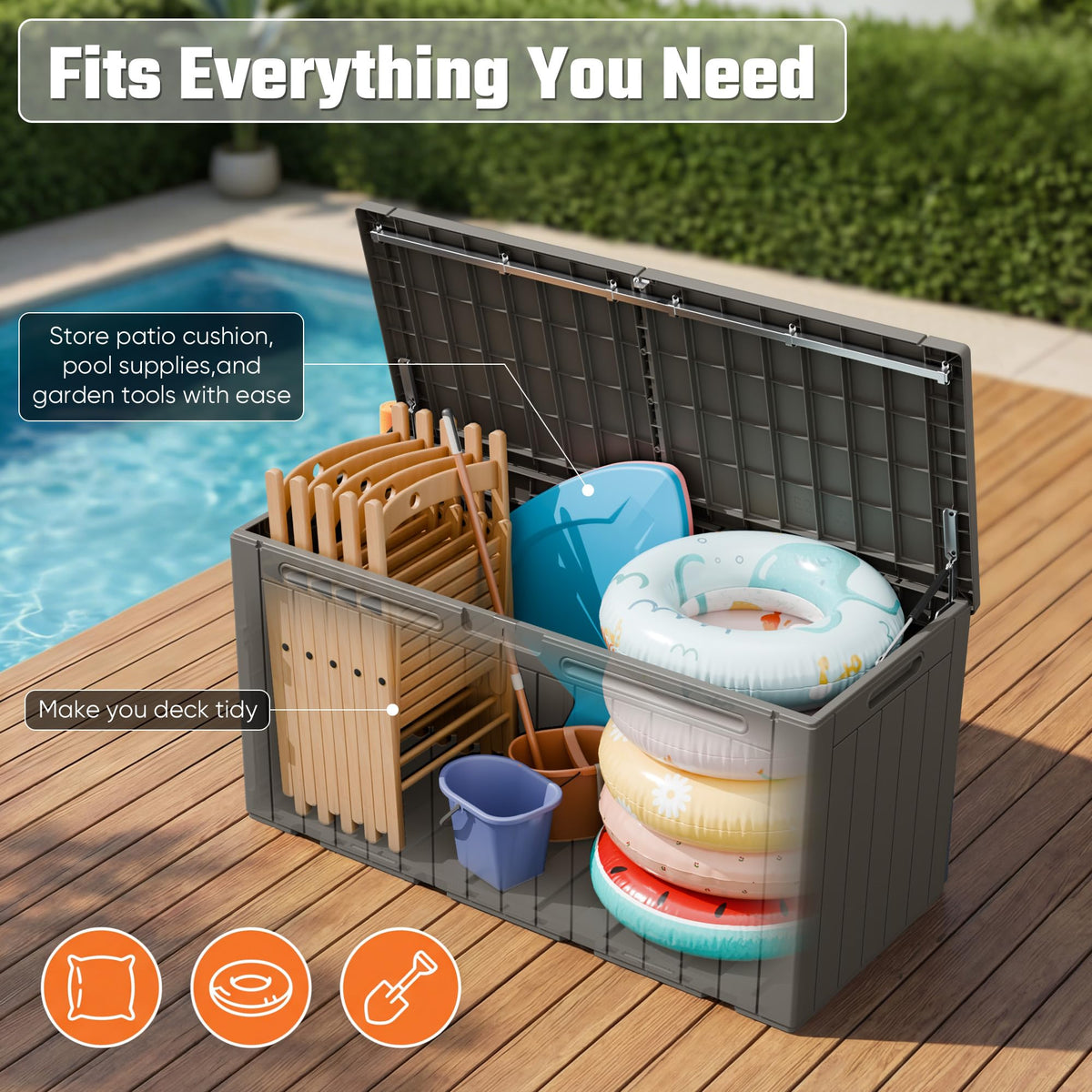 Greesum 110 Gallon Outdoor Storage Box with Lockable Lid, All-Weather Solution for Patio Furniture, Pool Supplies & Garden Tools, Waterproof, UV-Resistant Large Deck Box, Light Coffee