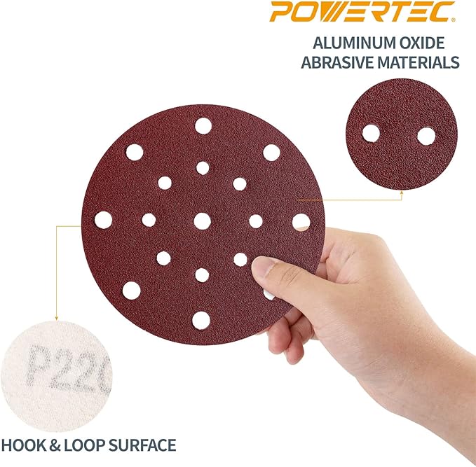 POWERTEC 45818, 6" x17 Holes, 180 Grit, A/O Hook and Loop Disc for Festool RO150 / ETS 150 Sander, Red, 50PK