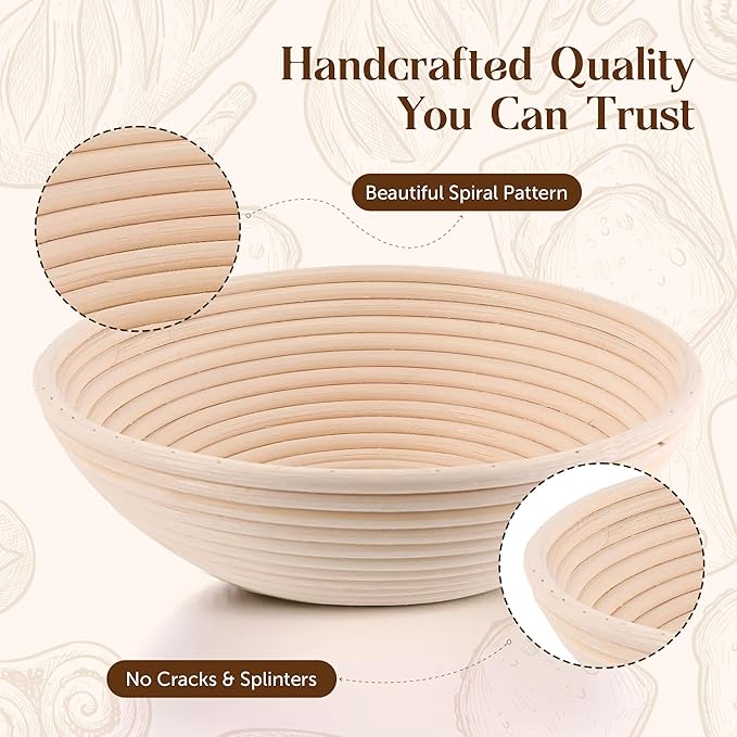 Bread Proofing Baskets for Sourdough Bread Baking - Set of 2 9" Round Banneton Baskets with Liners, Made of Finest Indonesian Rattan - Bake Perfect Artisan Bread Loaves at Home Like a Pro