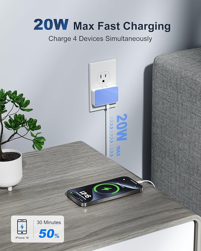 USB C Wall Charger Super Thin Flat USB Wall Plug with 4 Ports Fast Charging USB Plug Adapter with PD20W for Home and Travel (Blue)