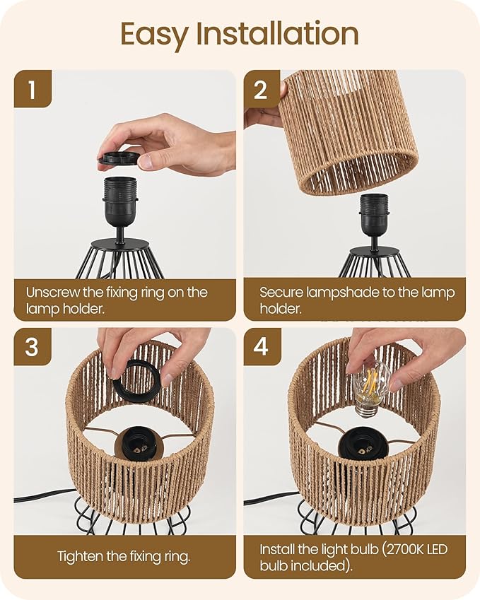 Small Bedside Lamp, Boho Table Lamp with Handwoven Paper Lampshade & Black Metal Base, Rattan Desk Lamp, Modern Nightstand Lamp for Bedroom, Living Room, 2700K LED Bulb Included, SW06TL05