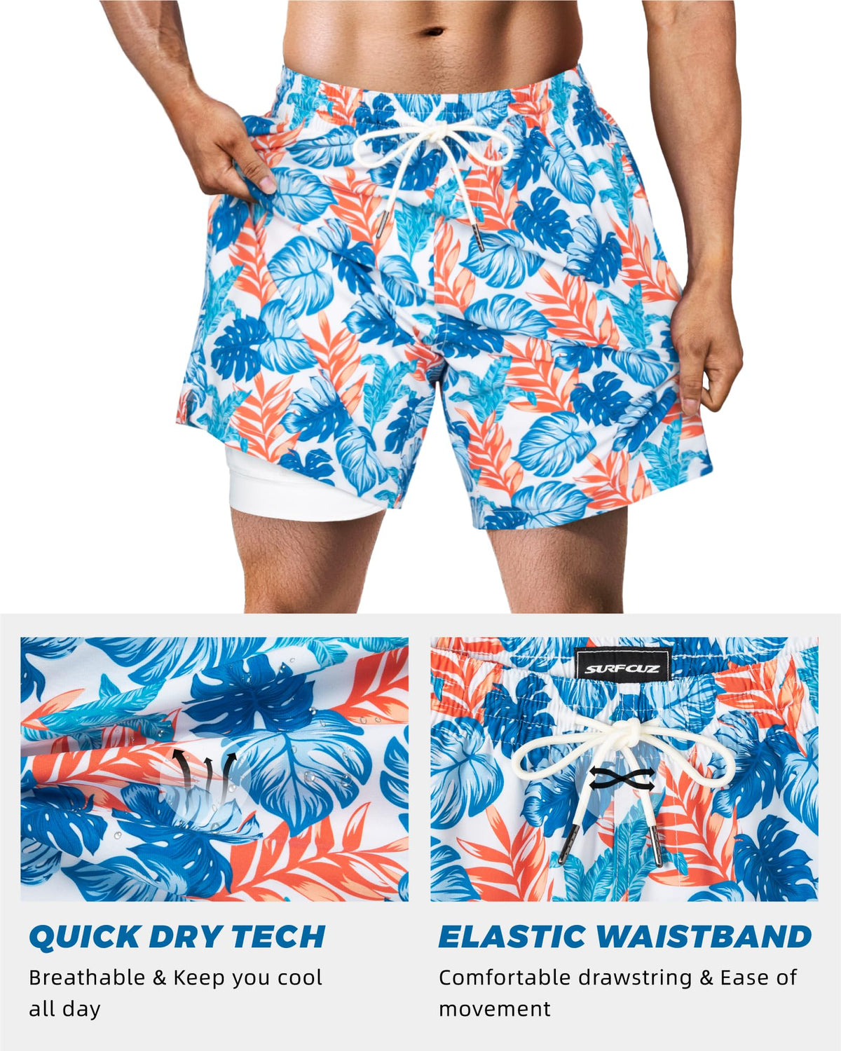 SURF CUZ Mens Swim Trunks with Compression Liner Quick Dry Swim Shorts 7" Swimming Trunks Stretch Zipper Pockets Multi-Colored Leaves Medium