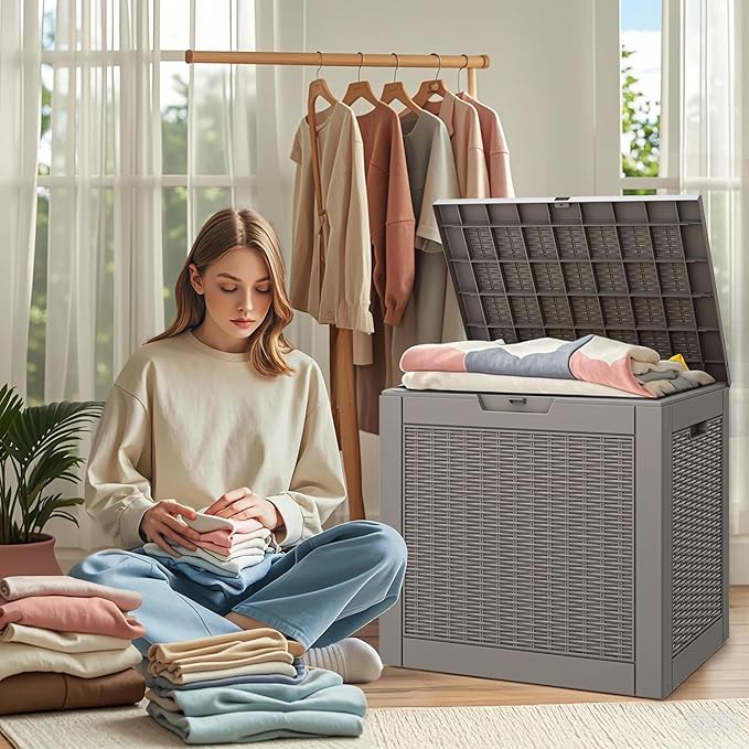 35 Gallon Outdoor Storage Box, Waterproof Resin Deck Box with Lockable Lid, Patio Furniture Side Table & Storage Bin for Package Delivery, Patio Cushions, Garden Tools, Pool Accessories, Grey