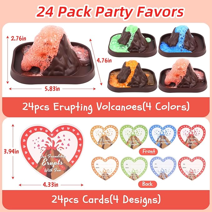 Valentines Day Gifts for Kids Classroom: 24 Pack Erupting Volcano Science Kit with Cards, 4 Lava Colors, STEM Educational Toys for Boys Girls Classroom Exchange Gifts Prizes School Party Favors