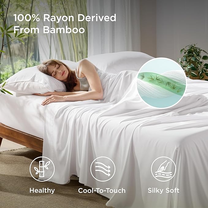 Bedsure Queen Sheet Set, Cooling Sheets for Queen Size Bed Set, Rayon Derived from Bamboo, Breathable & Soft, Deep Pocket Up to 16 Inches, Hotel Luxury Silky Bedding for Hot Sleepers, White