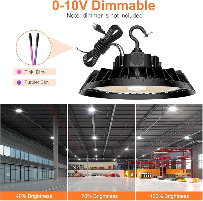 6Pack LED High Bay Lights, 300W UFO High Bay LED Shop Lights, 45000LM Adjustable CCT(5700K 5000K 4500K) & Power(300W 240W 200W), 0-10V Dimmable, 5' Cable Plug, IP65 Waterproof, ETL & DLC Listed