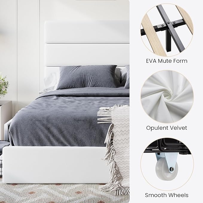 SHA CERLIN Queen Size Platform Bed Frame with 4 Storage Drawers, Velvet Upholstered Headboard, Mattress Foundation with Wooden Slats Support, No Box Spring Needed, Easy Assembly, White