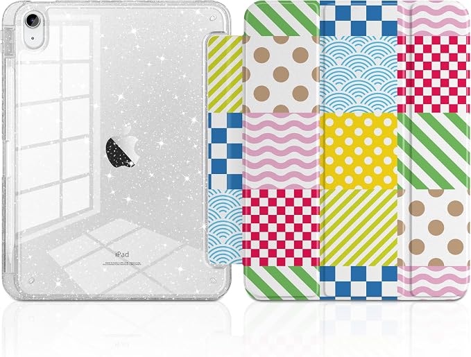 MEEgoodo Case for iPad A16 11th Generation 2025/10th Generation 2022 Glitter Tablet Cases with Transparent Acrylic Back+Trifold Stand +Pencil Holder+Auto Wake/SleepAbstract Sun &amp Palm Tree