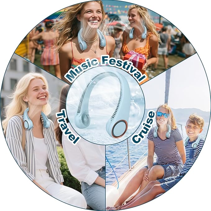 CIVPOWER Neck Fan: Portable Personal Neck Cooling Rechargeable Bladeless Fan - Hands Free 3 Speed 4000 mAh Battery USB Operated Wearable Headphone Design - for Men Women Outdoor Indoor (Light Blue)