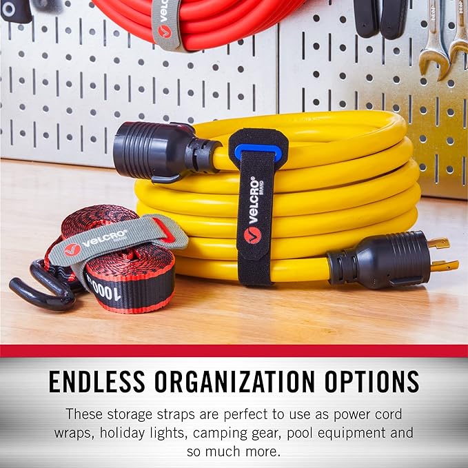 VELCRO Brand Power Cord Wraps | Heavy Duty Straps for Extension Cords, Garage or RV Organization | Slotted Grommet for Strong Snag Free Cinching | 16 Inch, 2Pk, Black and Gray