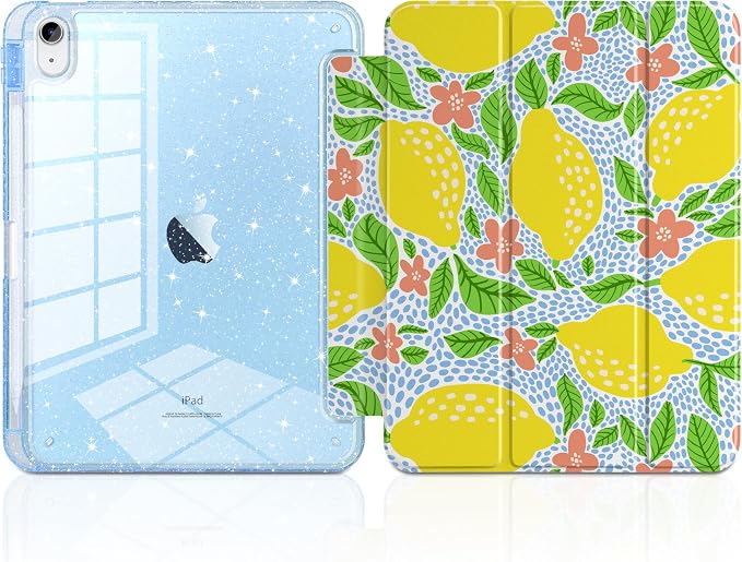 MEEgoodo Case for iPad A16 11th Generation 2025/10th Generation 2022 Glitter Tablet Cases with Transparent Acrylic Back+Trifold Stand +Pencil Holder+Auto Wake/SleepAbstract Sun &amp Palm Tree