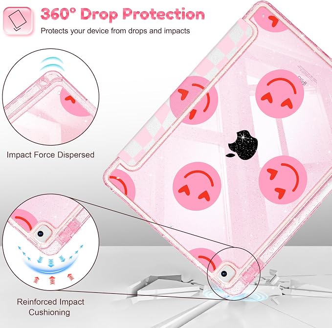 Case for iPad 9th/ 8th/ 7th Generation 10.2-Inch Case(2021/2020/2019 Release) Glitter Tablet Cases with Transparent Acrylic Back+Trifold Stand+Pencil Holder+Auto Wake/Sleep Bows-Stripe