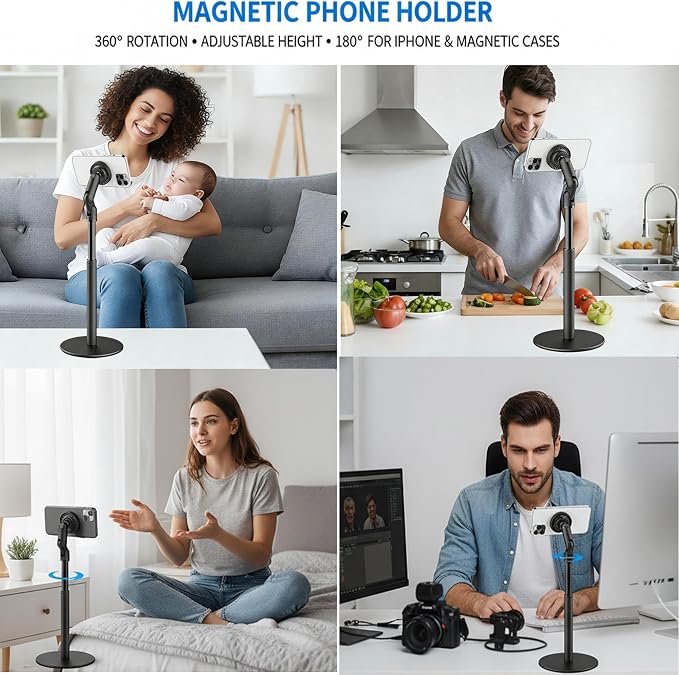 Magnetic Cell Phone Stand for MagSafeHeight Adjustable Holder for Desk | 360°Rotation Compatible with iPhone 17/16/15/14/13/12 Pro Max and All Phones